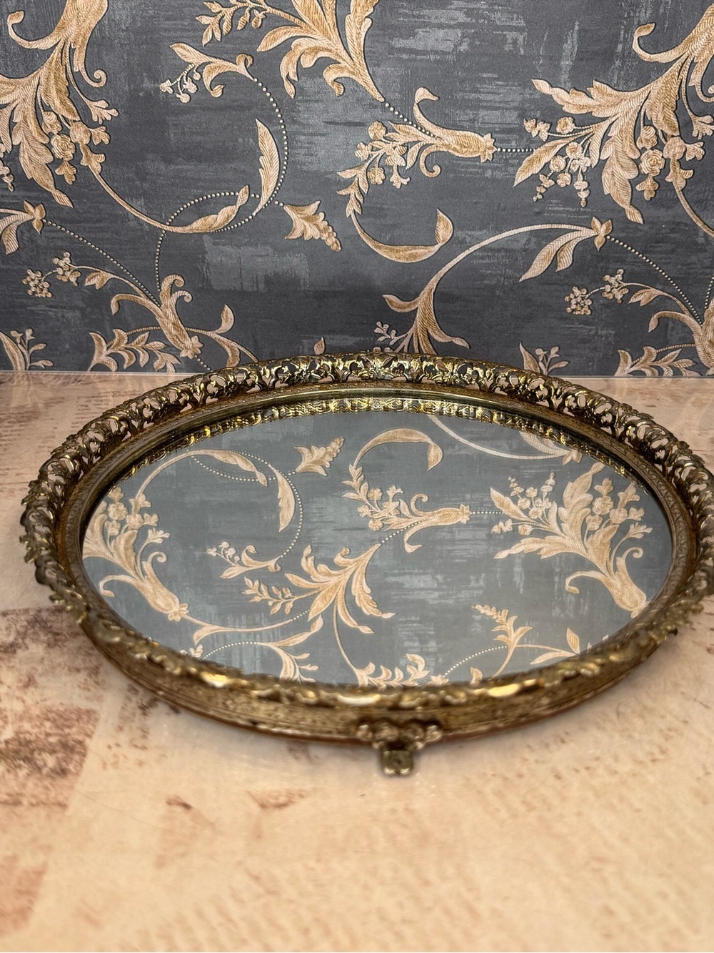Vintage Round Gold Filigree Mirrored Vanity Tray Hollywood Regency 9 Inch